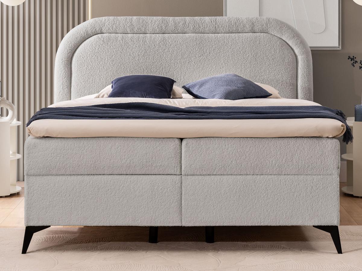 BOXBETT Sonna 140/200 cm Hellgrau Bouclé-Stoff mit abgerundetem Kopfteil und mit schwarzen Metallfüße - Hellgrau/Schwarz, Holz/Textil (140/200cm) - S-Style Möbel