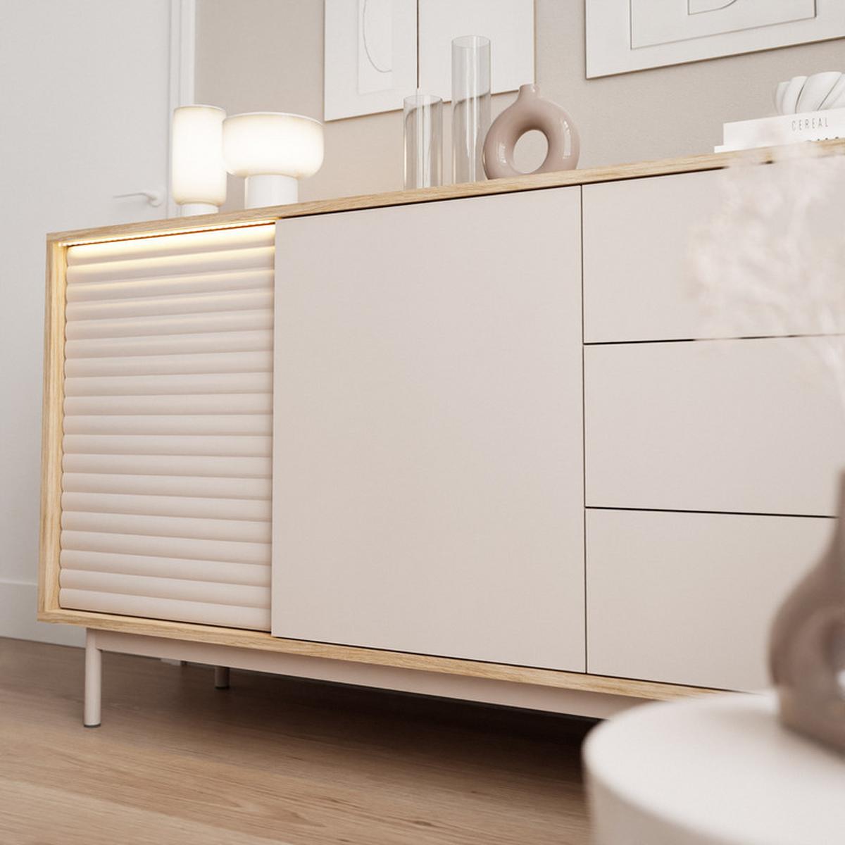 KOMMODE LUSSO 140 cm, 3 Schublade(n) Eiche / Kaschmir - Eichefarben, Holzwerkstoff/Metall (140/77/40cm) - Idohome