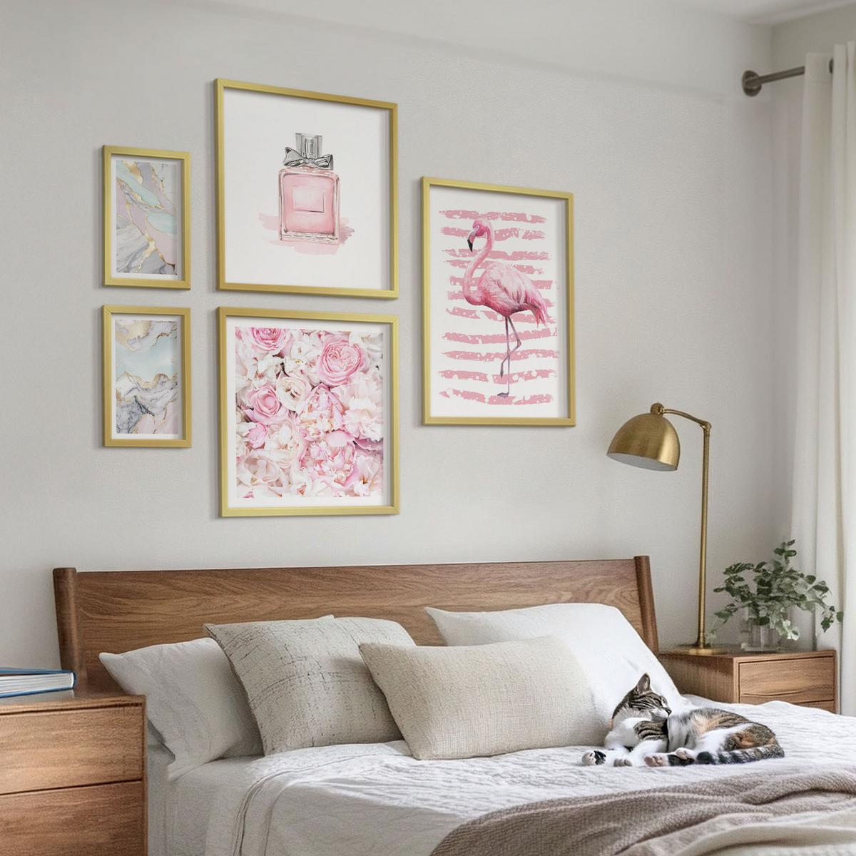 BILDER SET 5er Set - 50x50 cm & 20x30 cm & 40x60 cm Goldrahmen - Rosa Blumen Marmor Pastell - Goldfarben, Kunststoff (40/60cm) - TULUP