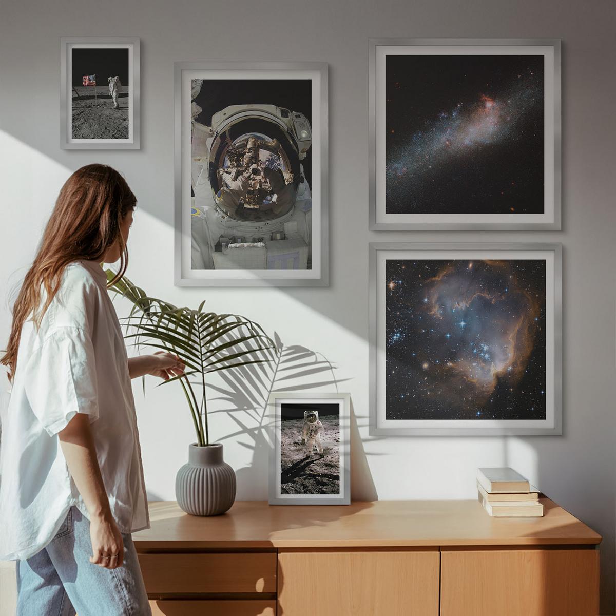 BILDER SET 5er Set - 50x50 cm & 20x30 cm & 40x60 cm Silberner Rahmen - Astronauten landen auf dem Mond - Silberfarben, Kunststoff (40/60cm) - TULUP