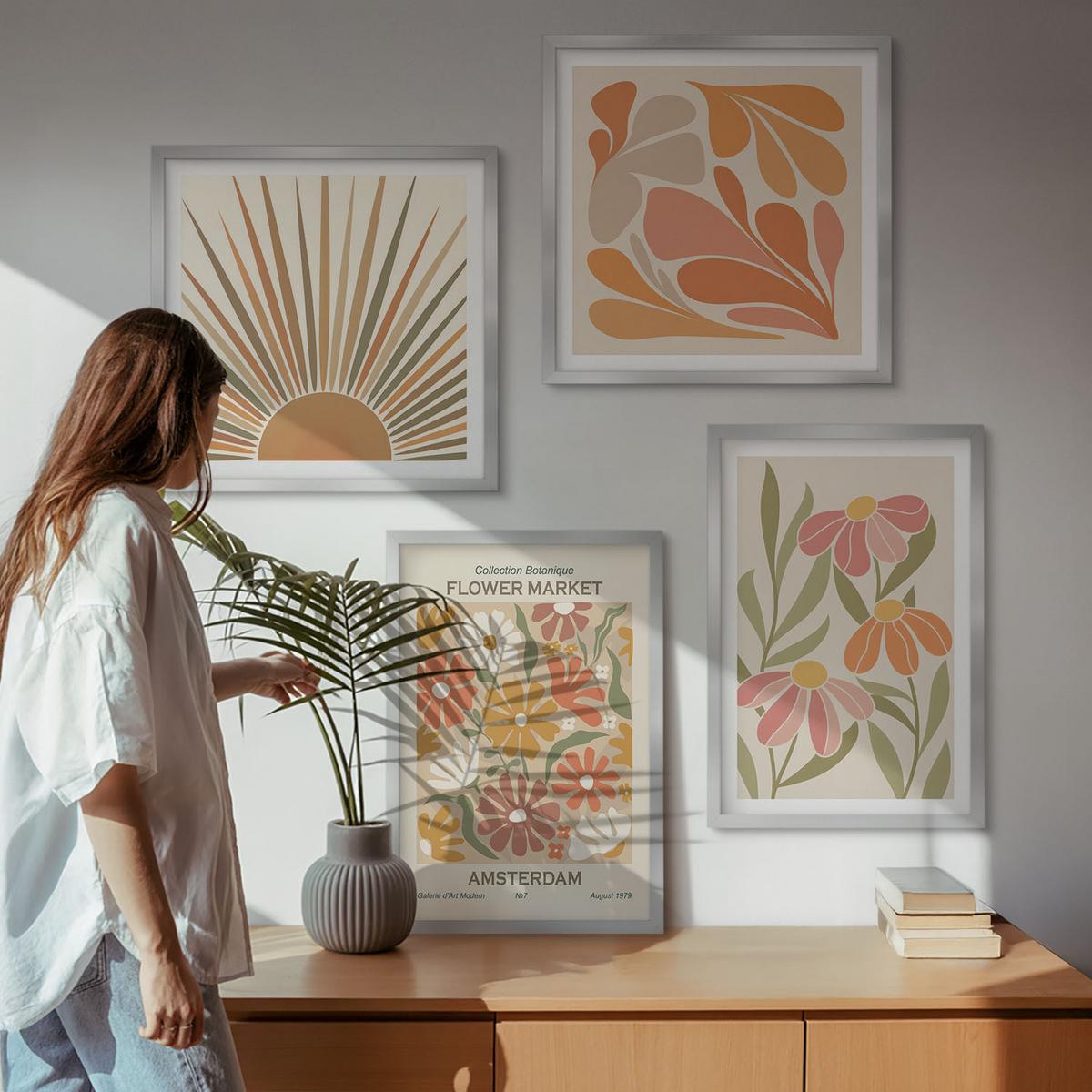 BILDER SET 4er Set - 50x50 cm & 40x60 cm Silberner Rahmen - Pastellfarbene Sonnenblumen - Silberfarben, Kunststoff (50/50cm) - TULUP
