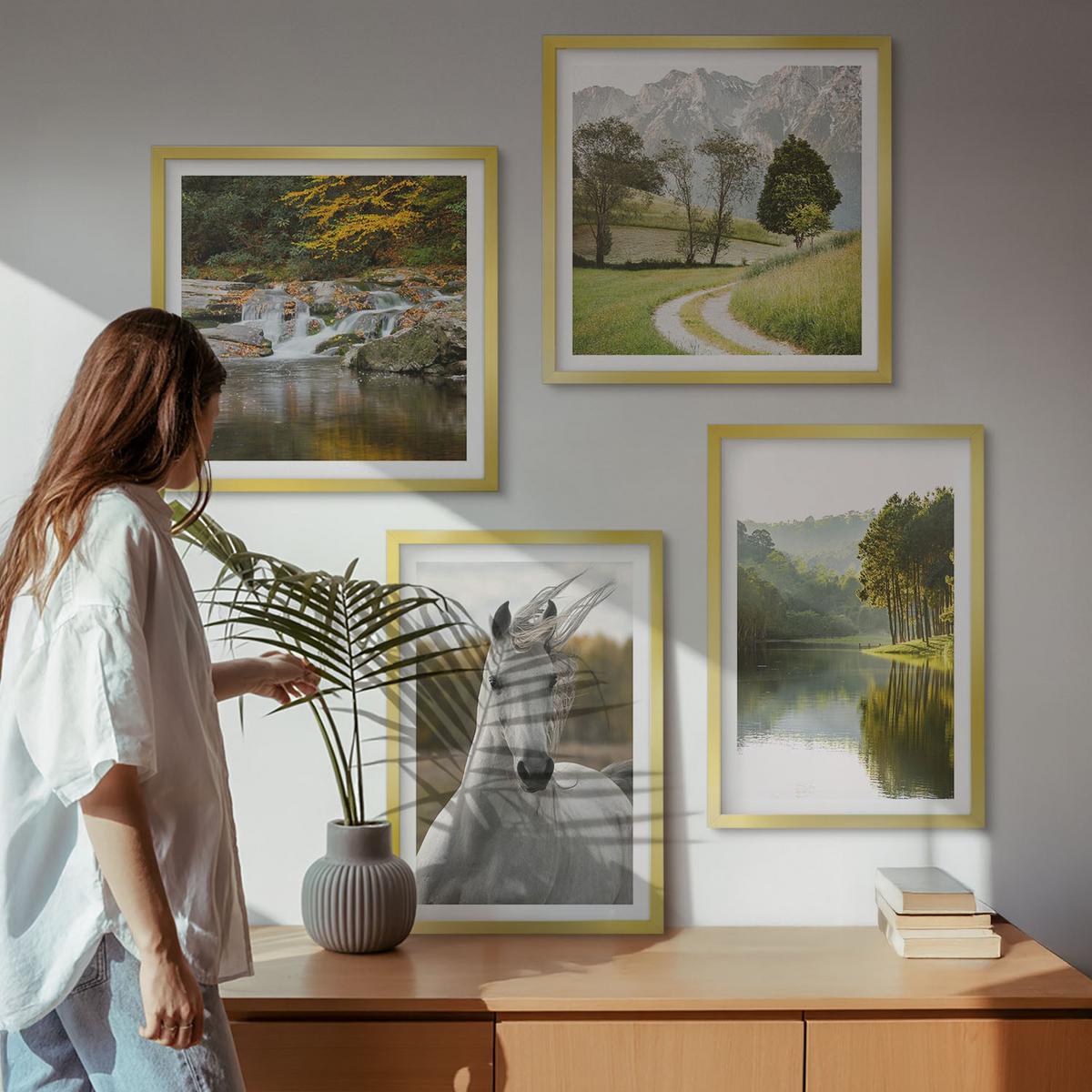 BILDER SET 4er Set - 50x50 cm & 40x60 cm Goldrahmen - Natur des Flusses White Horses - Goldfarben, Kunststoff (50/50cm) - TULUP