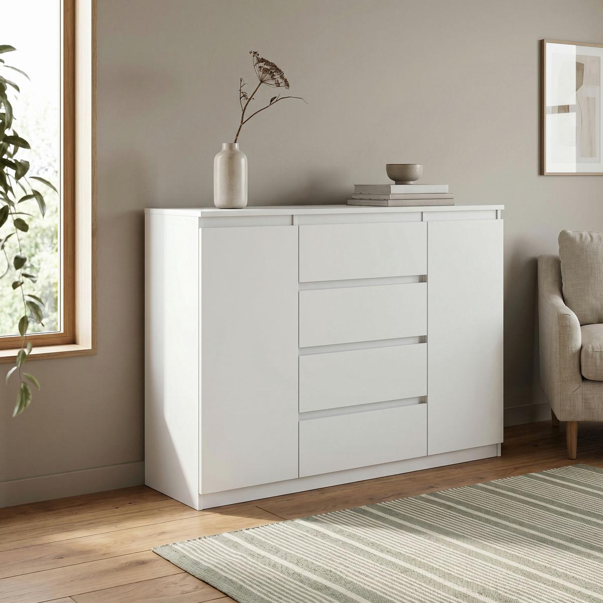 KOMMODE NUDO 138,5/101,5/39cm mit 4 Schubladen 2 Türen Weiß - Weiß, Holzwerkstoff (138.5/101.5/39cm) - MASSENO