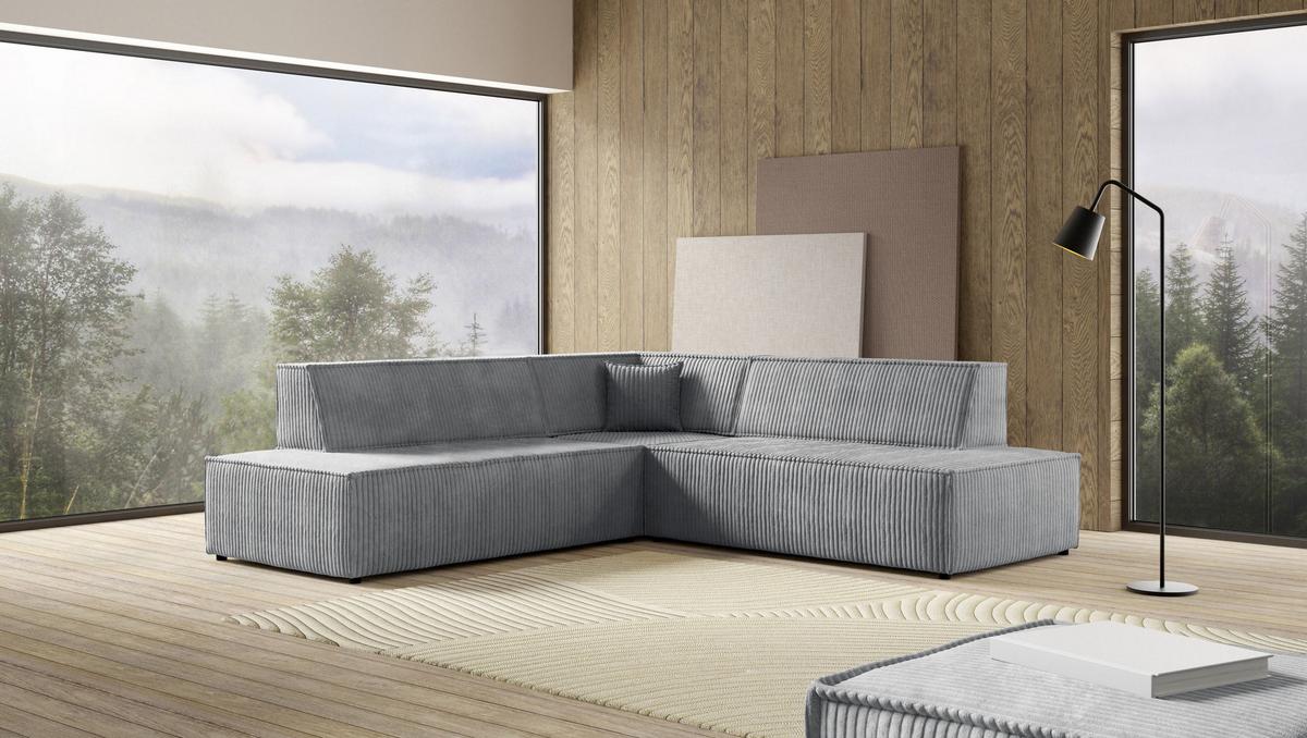 ECKSOFA TESSO II L-S Grau Kordstoff mit Schlaffunktion - Grau, Holz (254/254cm) - MASSENO