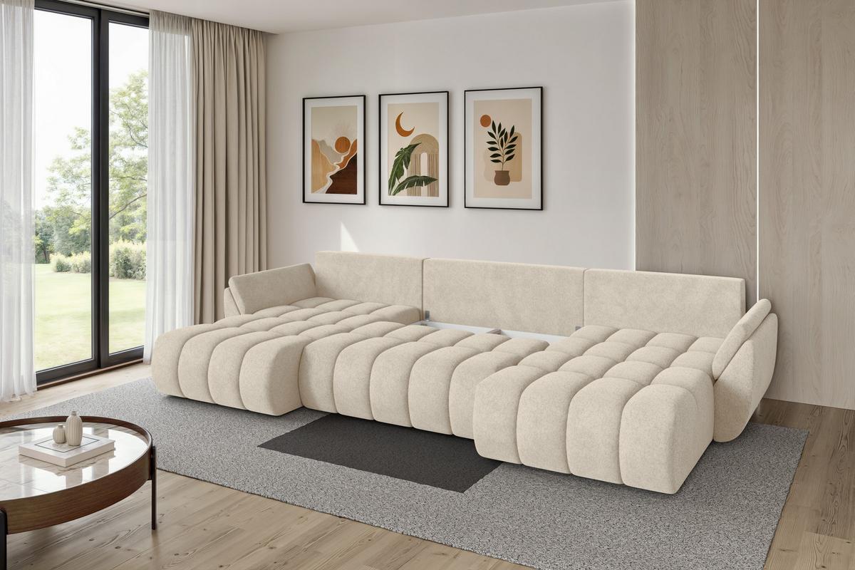 WOHNLANDSCHAFT mit Schlaffunktion und Bettkasten TOKO-U-v1 378x194x86 Creme Velours - Creme/Schwarz, Holzwerkstoff/Kunststoff (378/86/194cm) - ALTDECOR