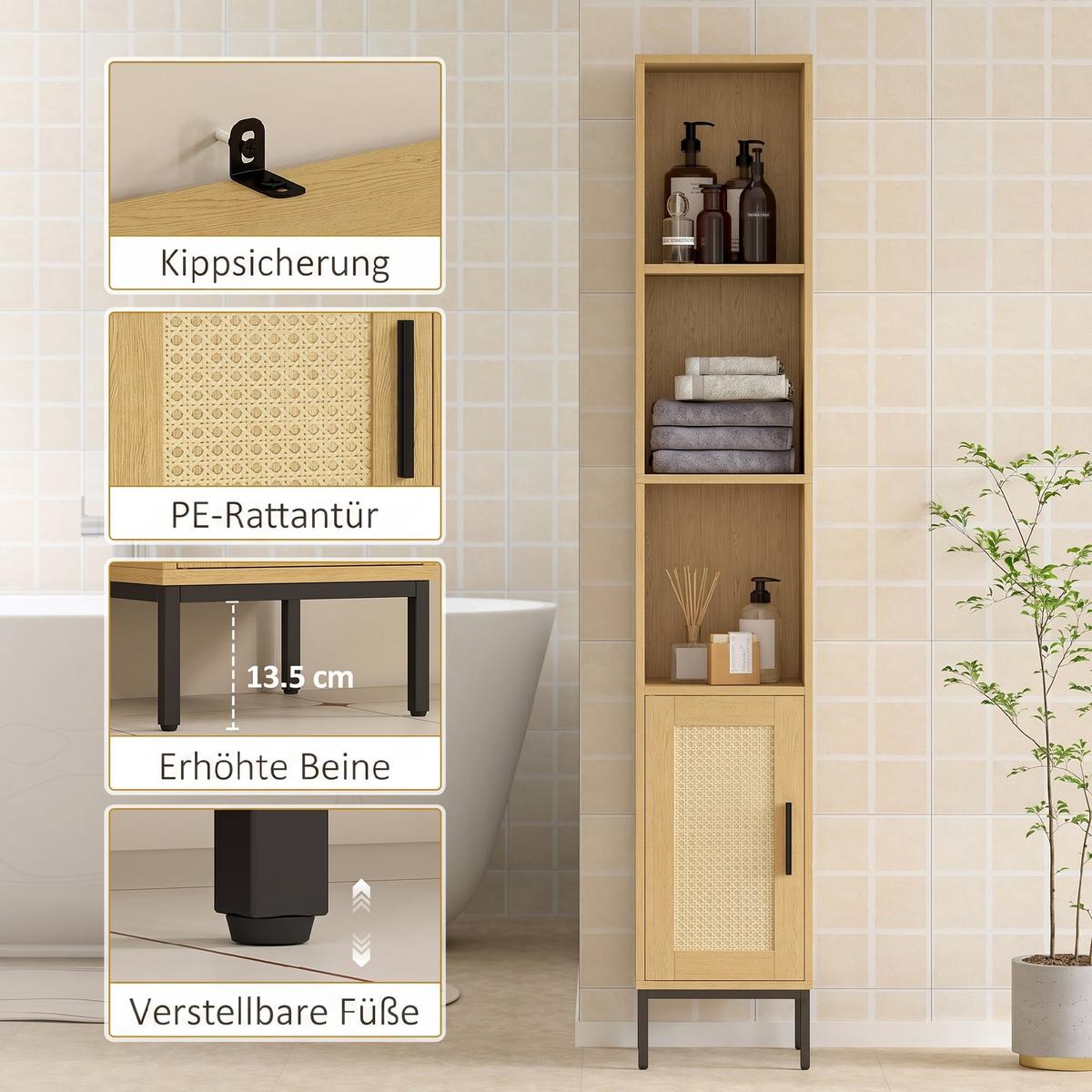 BADEZIMMERSCHRANK Spanplatte Stahl Naturholz - Schwarz/Naturfarben, Holzwerkstoff/Kunststoff (30/164/30cm) - HOMCOM