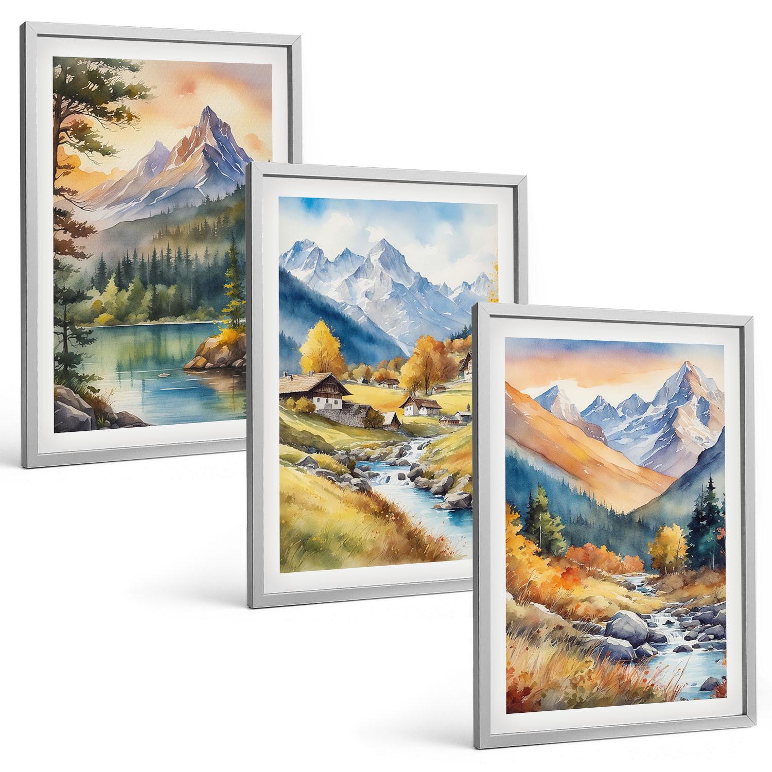 BILDER SET 3er Set - 40x60 cm Silberner Rahmen - Berglandschaft mit einem Fluss - Silberfarben, Kunststoff (40/60cm) - TULUP