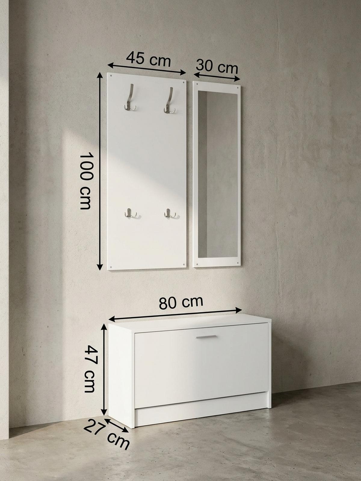 WANDGARDEROBE mit Spiegel, 10 Haken und Platz für 8 Paar Schuhe DELFT, Weiß 80x27x180 cm - Weiß, Holz (80/180/27cm) - KADIMA DESIGN