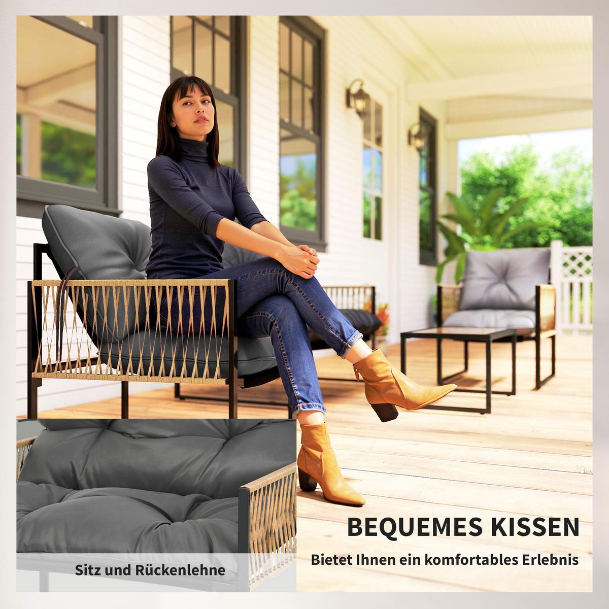 SITZGRUPPE mit Kissen, 4 tlg. Rattan Gartenmöbel-Set, Sitzgarnitur für Garten, Braun - Dunkelgrau, Kunststoff - Outsunny