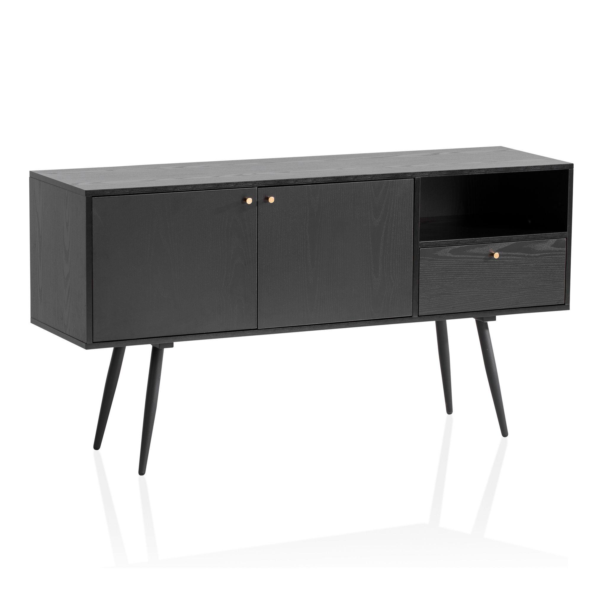 SIDEBOARD – Schwarz/Eiche-Dekor, 140x75x40 cm, mit 2 Türen, Schublade, offenes Fach - Schwarz, Holzwerkstoff/Metall (140/75/40cm) - KADIMA DESIGN