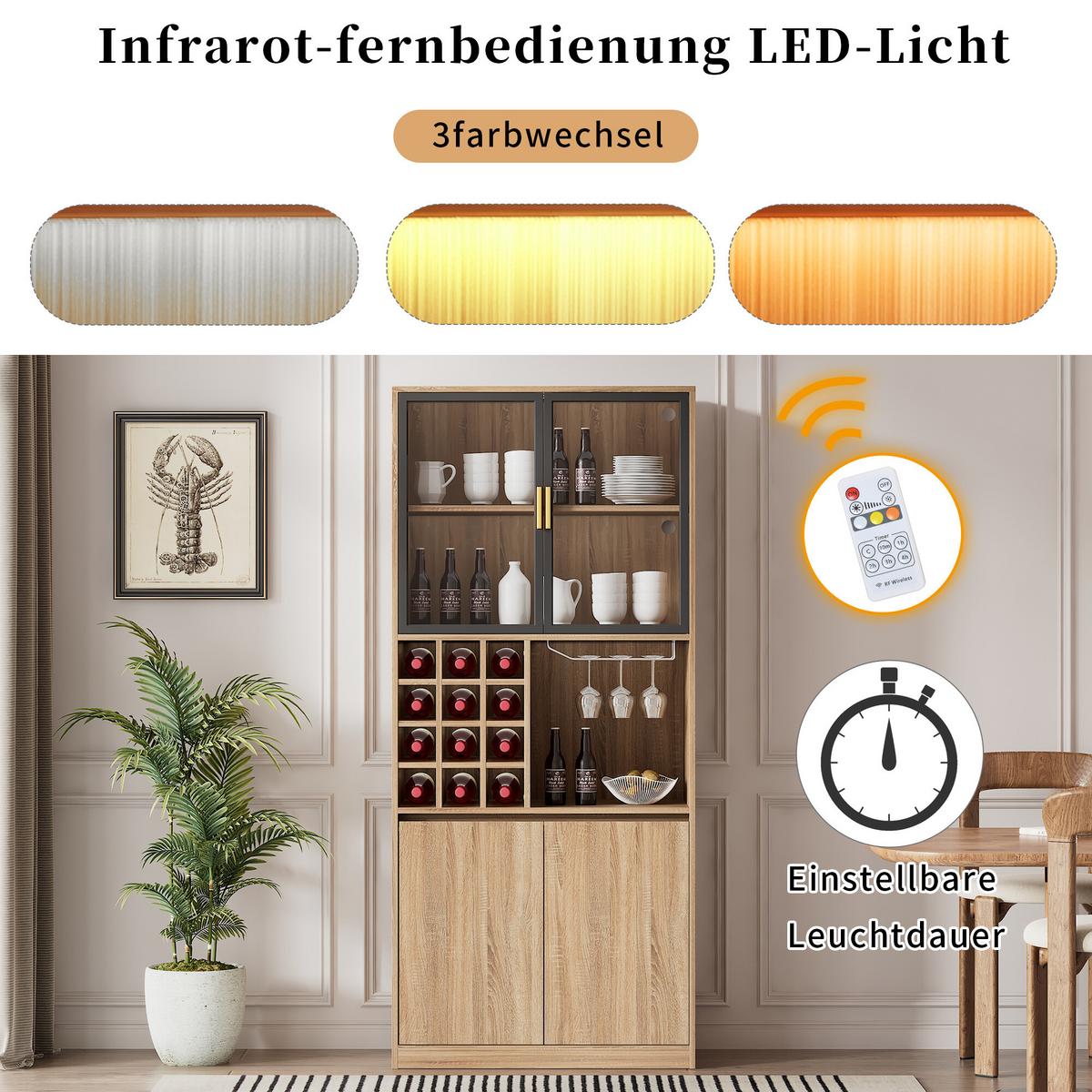 VITRINE mit Weinregal und LED - Hellbraun, Glas/Holzwerkstoff (40/180/80cm) - Urban Meuble