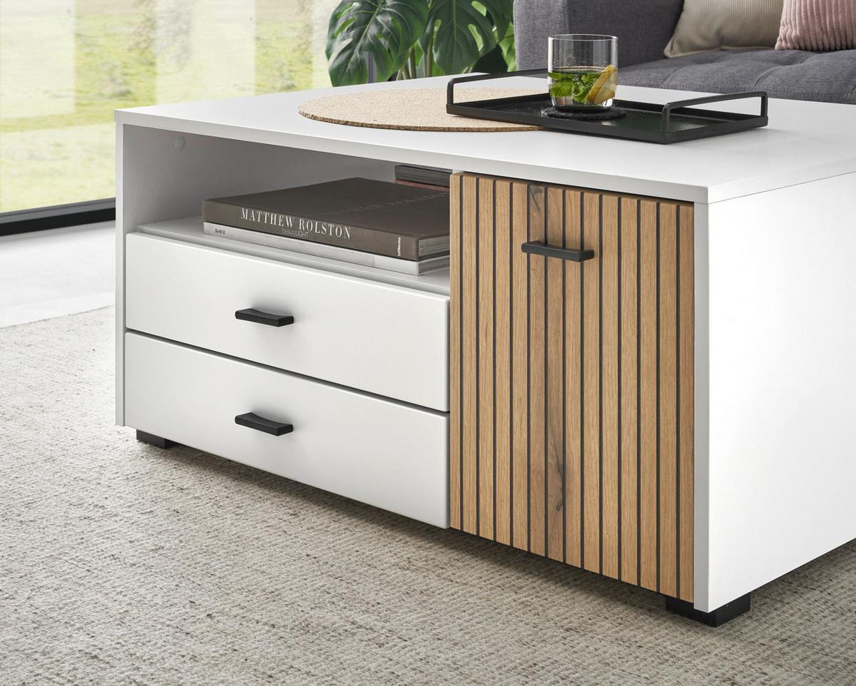 COUCHTISCH weiß matt, Eiche 90 cm, Wohnzimmertisch mit Stauraum und Soft-Close - Eichefarben/Schwarz, Holzwerkstoff/Kunststoff (90/70/43cm) - Furn.Design