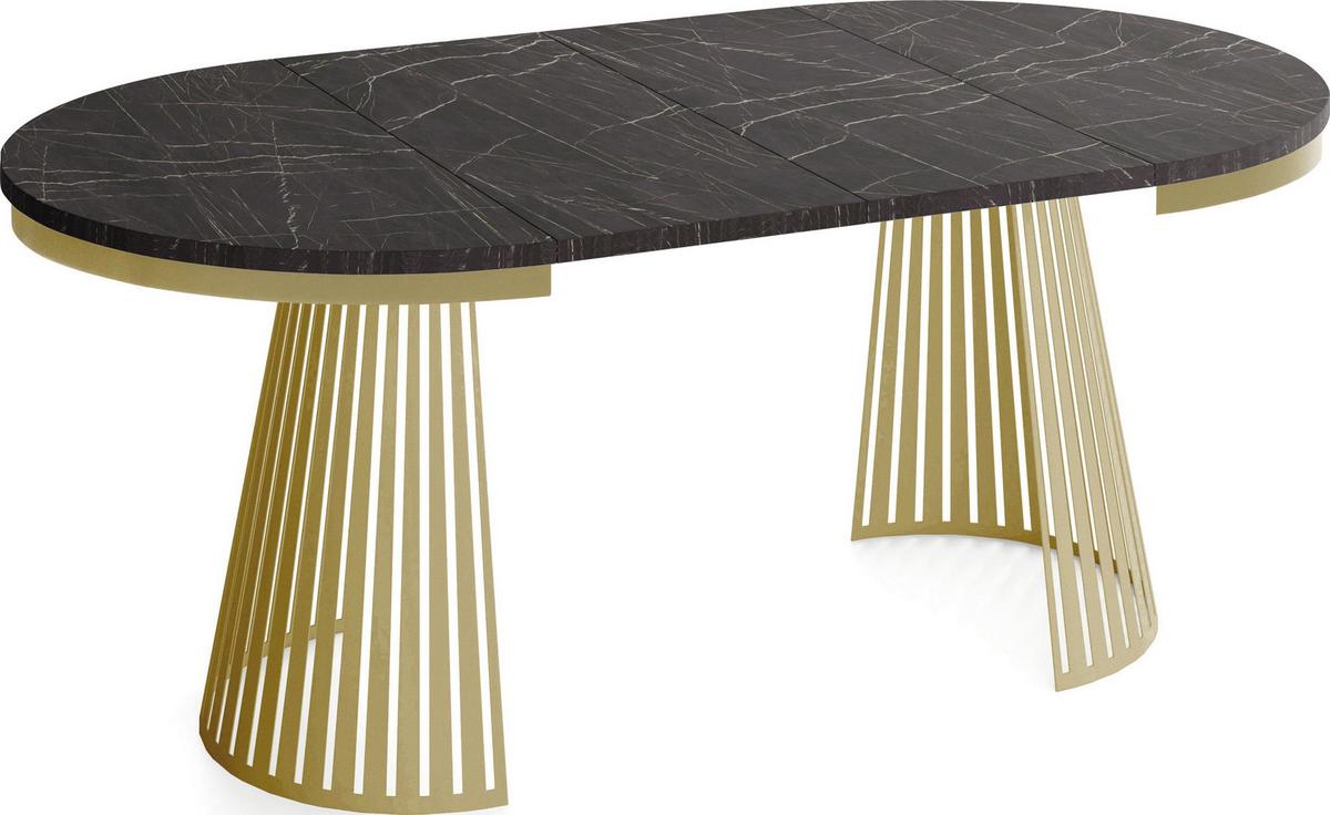 ESSTISCH Naro rund ausziehbar mit Goldem Lamellen-Metallgestell, Marmor Schwarz 100-180/100/76 cm - Anthrazit/Goldfarben, Holzwerkstoff/Metall (100/180/76cm) - WFL GROUP