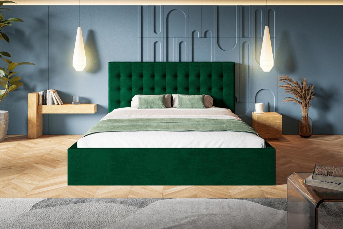 BETT 200x200 - Polsterbett mit Bettkasten und Metallrahmen - Modern Betten - Glatter Kronos-Stoff- Kollektion Rio, Grün - Grün, Holz/Textil (200/200cm) - Alpi-Möbel