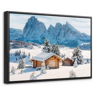 LEINWAND Bilder mit Rahmen - Winter - Hütte - Berge - Aussicht - Schnee - 30x20 - Eichefarben, Textil (30/20cm) - MuchoWow