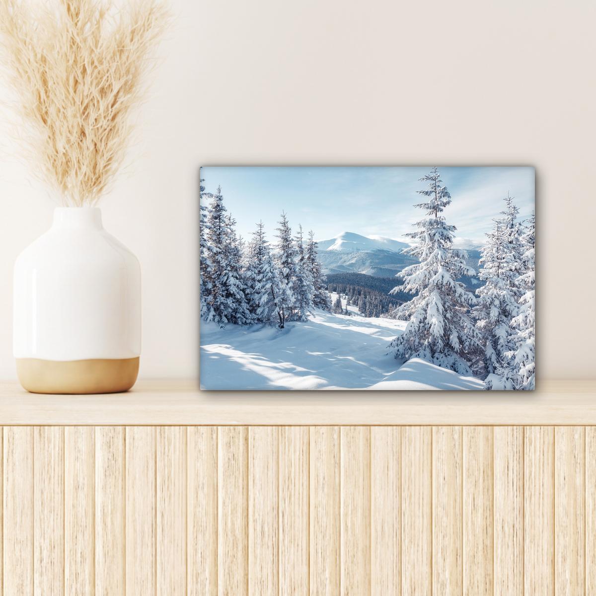LEINWANDBILD Winterlandschaft - Natur - Berge - Bäume - Schnee Deko Schlafzimmer 30x20 cm - Hellblau, Textil (30/20cm) - MuchoWow