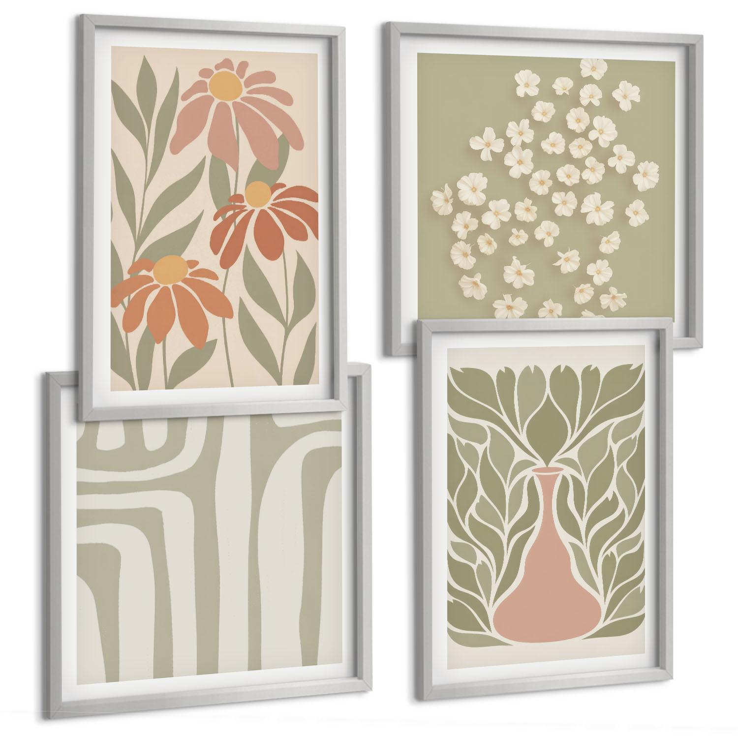 BILDER SET 4er Set - 50x50 cm & 40x60 cm Silberner Rahmen - Floraler minimalistischer Boho-Stil - Silberfarben, Kunststoff (50/50cm) - TULUP