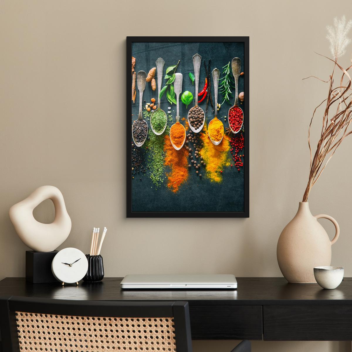 POSTER MIT RAHMENGERAHMTES BILD Kräuter - Gewürze - Löffel Bilder mit Rahmen 40x60 cm - Currygelb, Papier (40/60cm) - MuchoWow