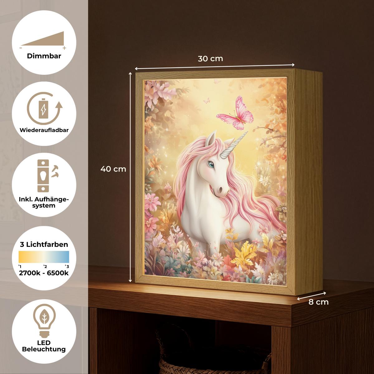 NACHTTISCHLAMPE MIT AKKU Einhorn - Blumen - Schmetterling - Rosa 30x40 cm - Beige, Holzwerkstoff (8/30/40cm) - OnlyWow