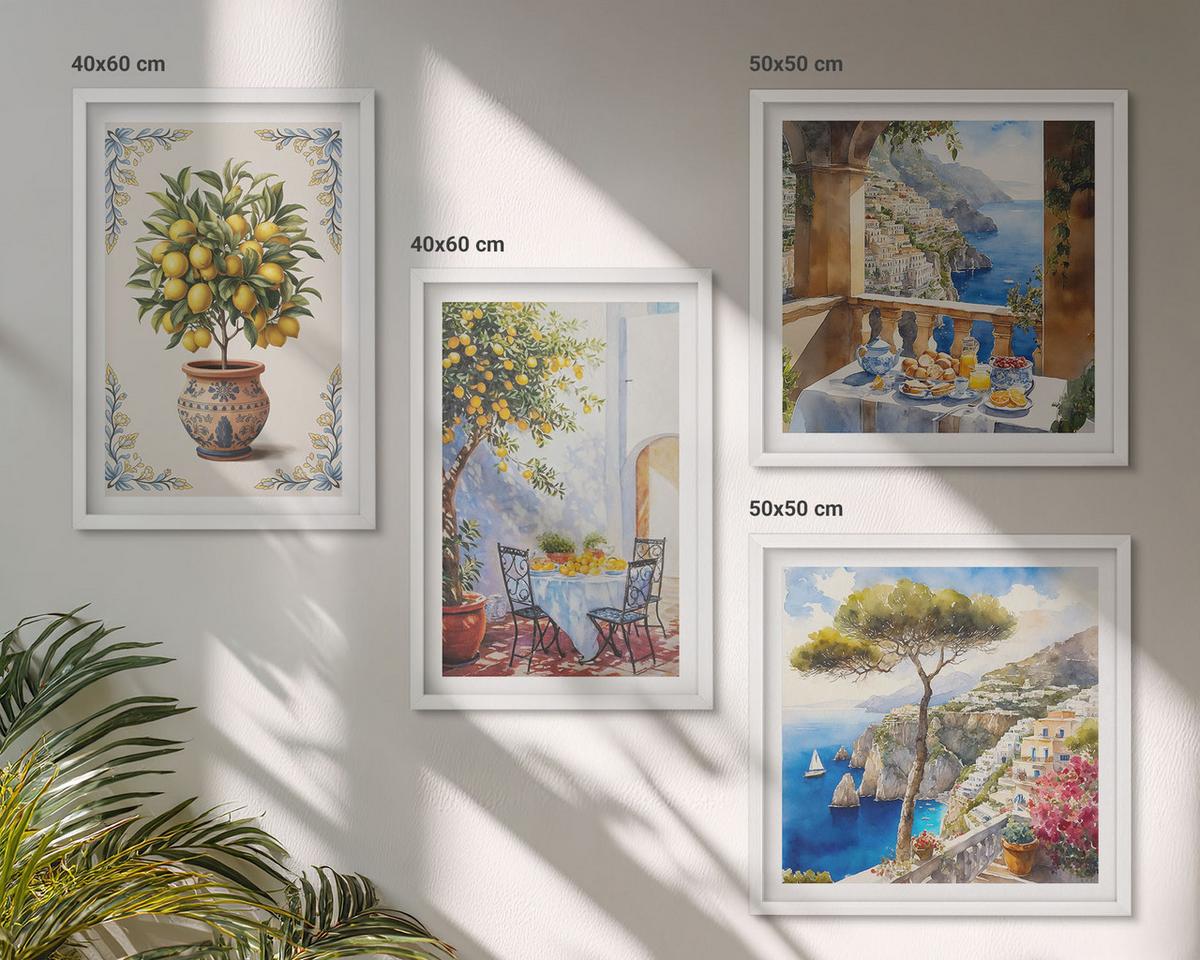 BILDER SET 4er Set - 50x50 cm & 40x60 cm Weißer Rahmen - Tisch aus Zitronenbaum - Weiß, Kunststoff (50/50cm) - TULUP