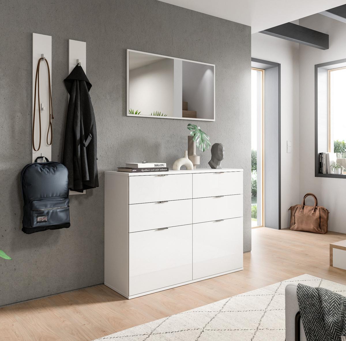 KOMMODE weiß Hochglanz 110 cm, Schuhschrank mit 4 Vollauszug Schubkästen und 4 Fächern - Chromfarben/Weiß Hochglanz, Holzwerkstoff/Kunststoff (110/85/37cm) - Inn.Furn