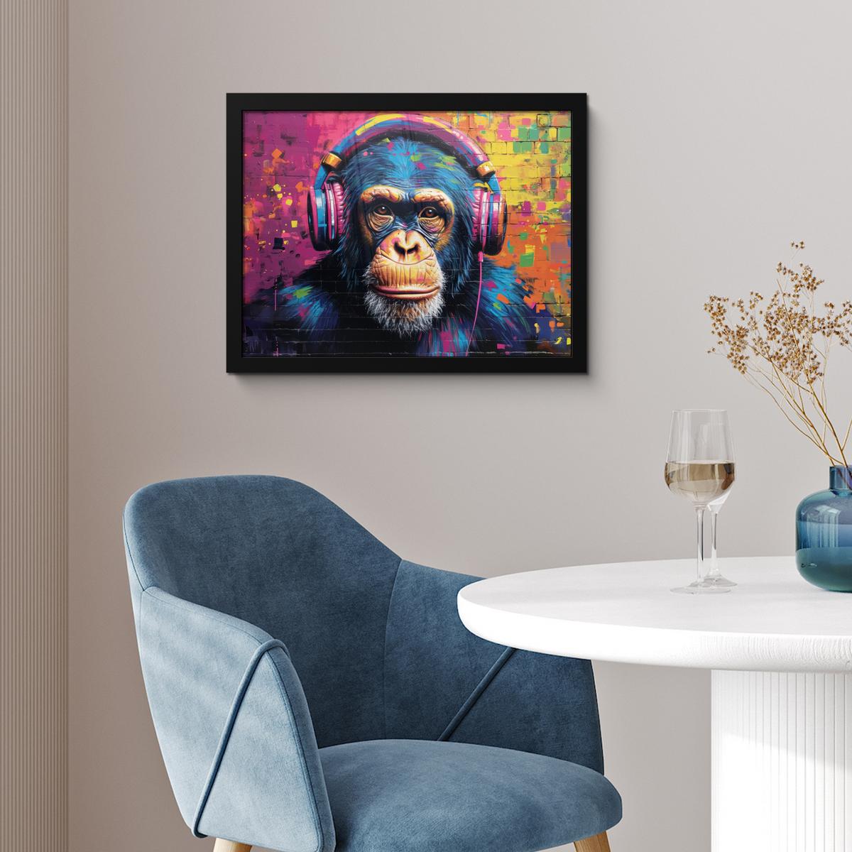 POSTER MIT RAHMENGERAHMTES BILD Graffiti - Schimpanse - Straßenkunst - Kopfhörer - Affe 40x30 cm - Blau, Papier (40/30cm) - MuchoWow