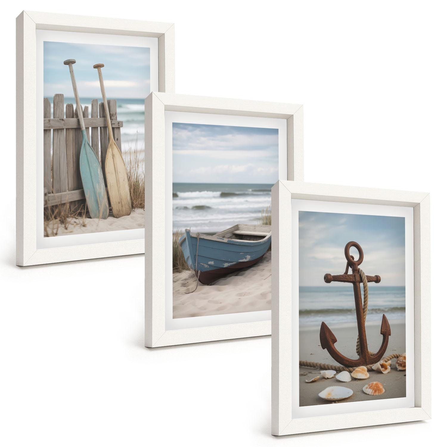 BILDER SET 3er Set - 20x30 cm Weißer Rahmen - Strandbootanker Sand - Weiß, Kunststoff (20/30cm) - TULUP