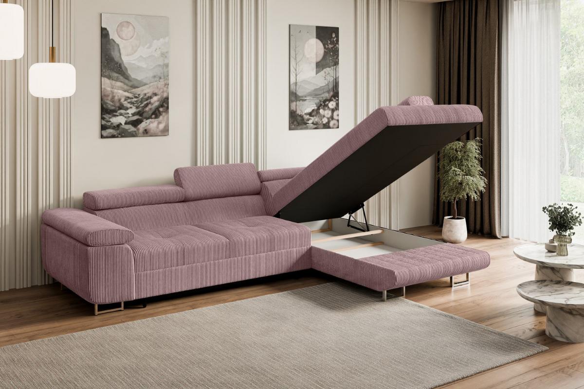 ECKSOFA mit Schlaffunktion und Bettkasten GUSA-L 272x202x107 cm Rosa Cord - Silberfarben/Rosa, Holzwerkstoff/Textil (272/202cm) - ALTDECOR