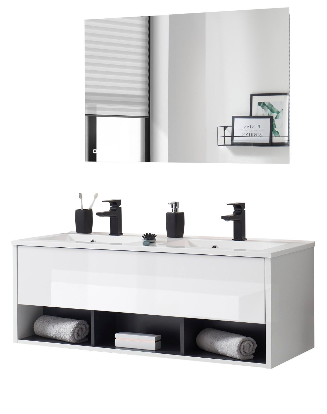 BADMÖBEL-SET 2-teilig 120 cm weiß Hochglanz, grau mit Doppel-Waschbecken - Weiß Hochglanz/Grau, Glas/Holzwerkstoff (120/190/47cm) - Furn.Design