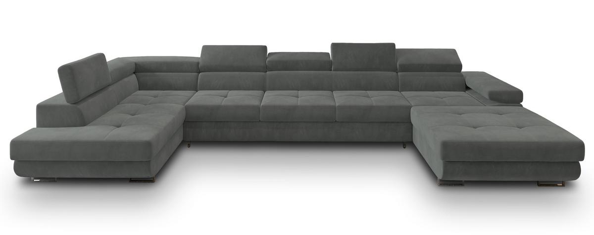 WOHNLANDSCHAFT TORIVA L-S Grau Velours-Stoff mit Schlaffunktion - Grau, Holz (418/90/202cm) - MASSENO