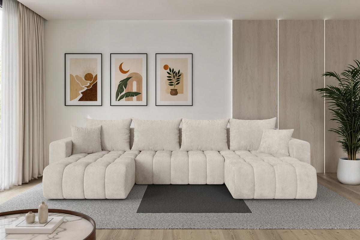 WOHNLANDSCHAFT mit Schlaffunktion und Bettkasten MILA-U-v1 378x194x86 Creme Cord - Ecru/Creme, Holzwerkstoff/Kunststoff (378/86/194cm) - ALTDECOR