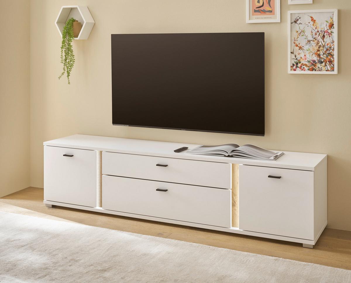 TV-LOWBOARD weiß matt, Eiche Wotan 201 cm, TV Unterteil inklusive Frontbeleuchtung - Eiche Wotan/Silberfarben, Holzwerkstoff/Kunststoff (200/48/42cm) - Furn.Design