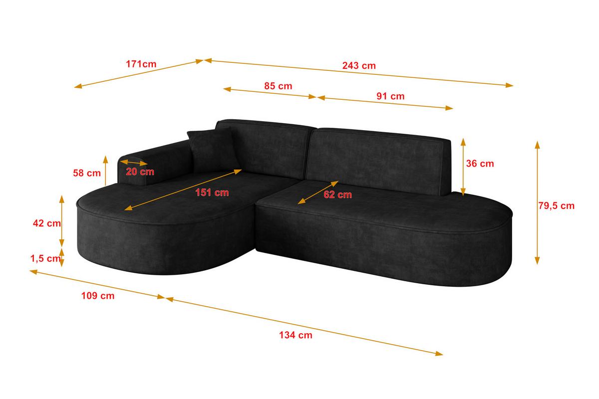 ECKSOFA Ottomane Links MARI-L1 - 243x171x79 cm Schwarz Velours - Schwarz, Holzwerkstoff/Kunststoff (243/171cm) - ALTDECOR