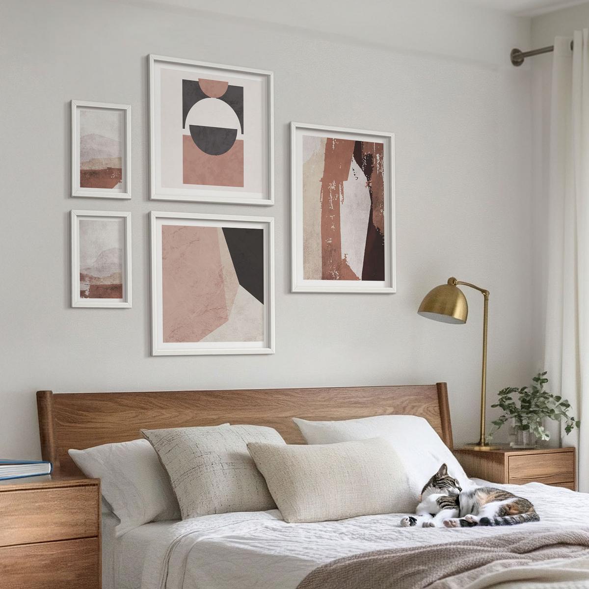 BILDER SET 5er Set - 50x50 cm & 20x30 cm & 40x60 cm Weißer Rahmen - Abstrakte braune Muster - Weiß, Kunststoff (40/60cm) - TULUP