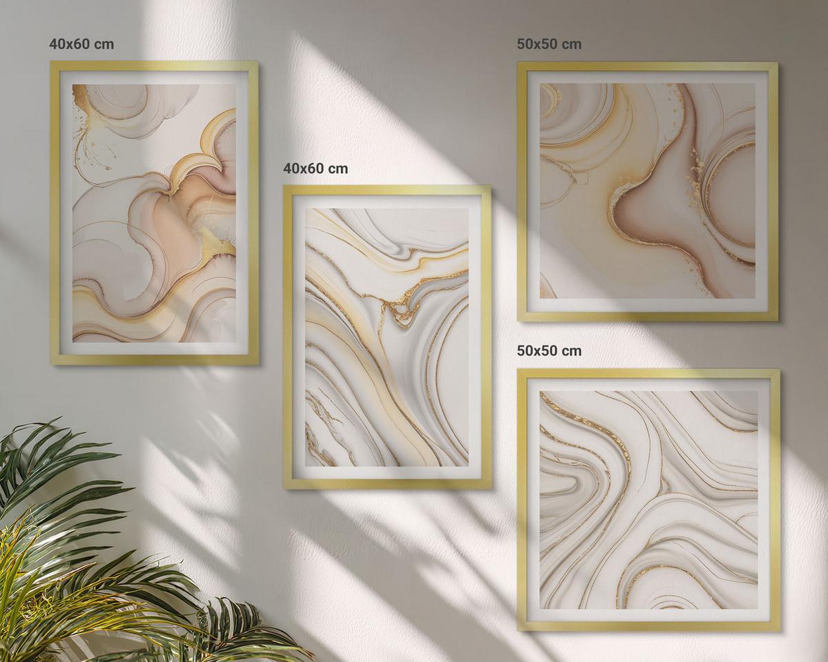 BILDER SET 4er Set - 50x50 cm & 40x60 cm Goldrahmen - Lineare abstrakte Motive - Goldfarben, Kunststoff (50/50cm) - TULUP