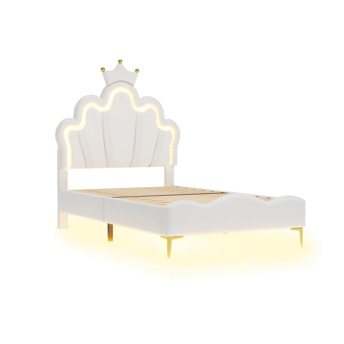 POLSTERBETT pu prinzessinnen design 90x200cm mit led - Weiß, Leder (90/200cm) - Urban Meuble