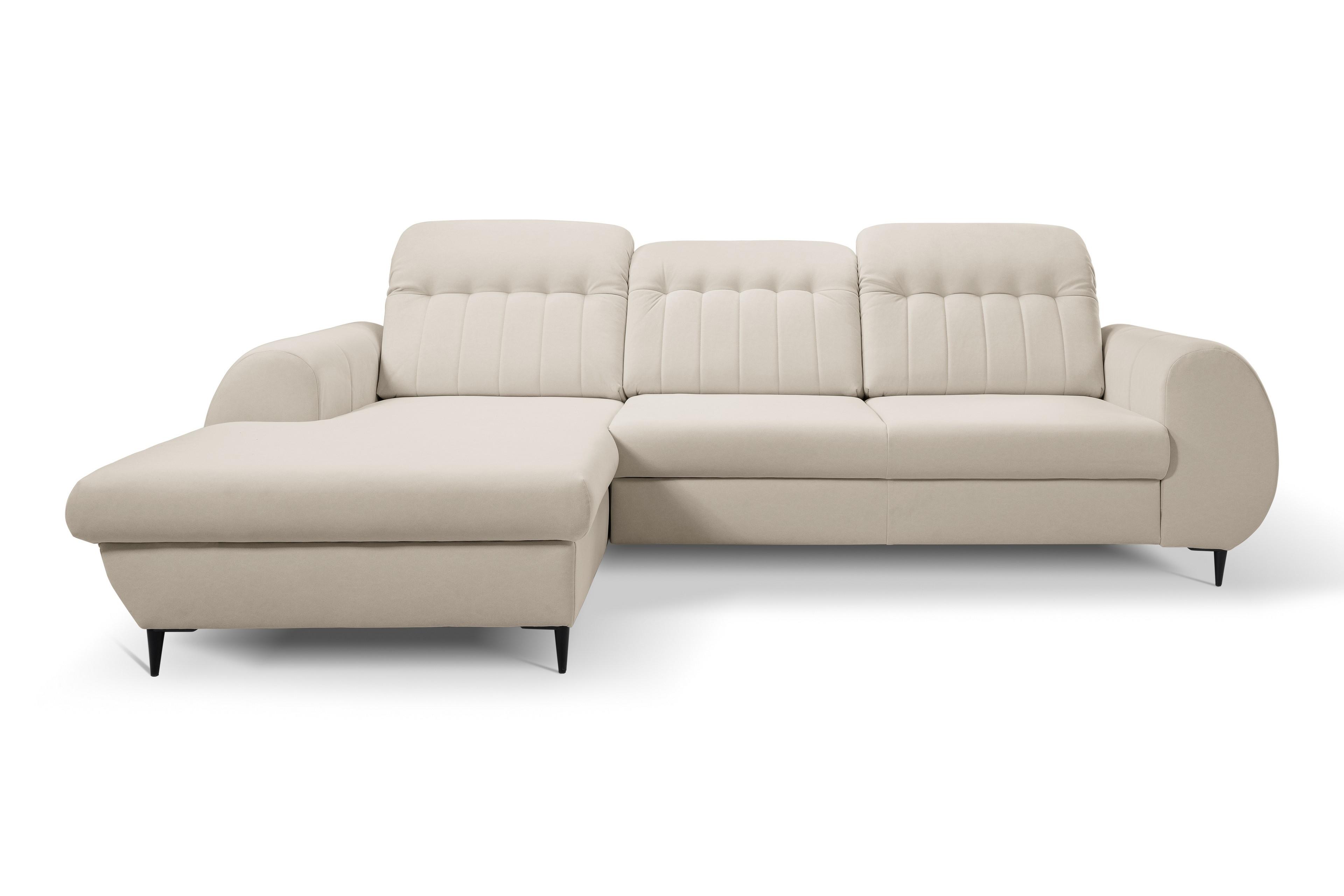 ECKSOFA PURO L-S Beige Plüsch-Stoff mit Schlaffunktion - Beige, Holz (275/166cm) - MASSENO