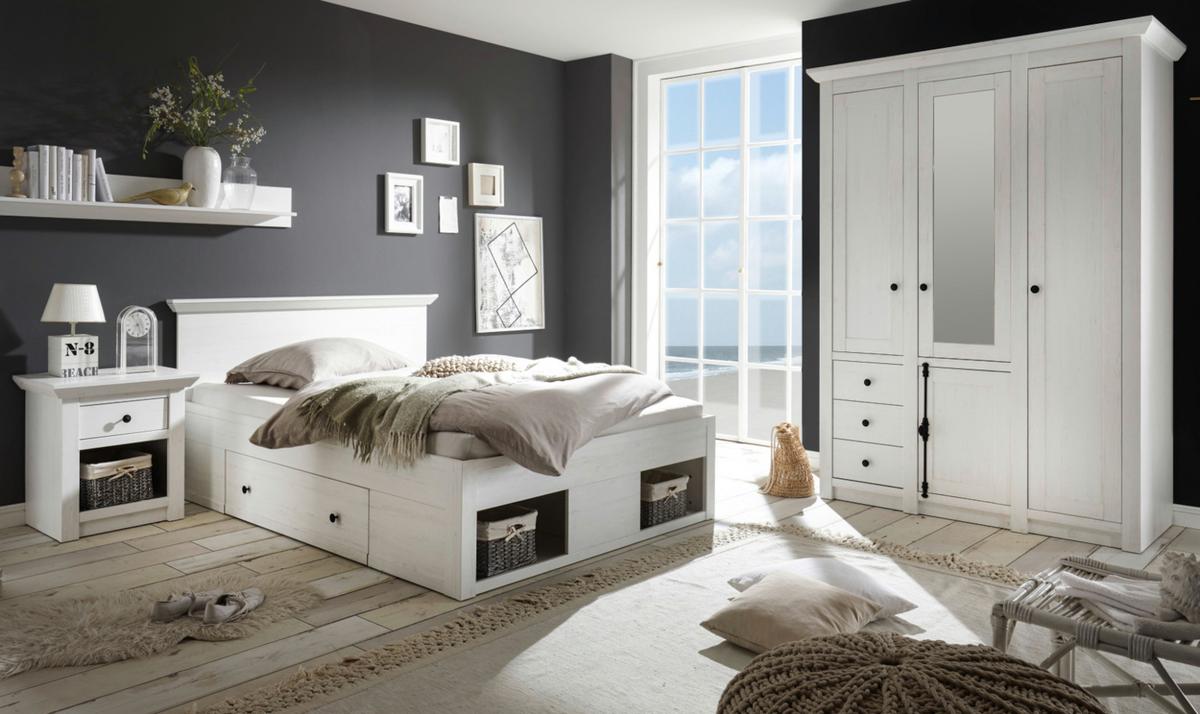 SCHLAFZIMMER Pinie weiß Set 3-teilig mit Bett, Kleiderschrank und Nachttisch - Schwarz/Weiß, Glas/Holzwerkstoff (155/206/212cm) - Furn.Design