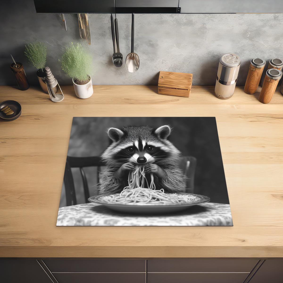 HERDABDECKPLATTE Waschbär - Niedlich - Pasta - Tischtuch - Schwarz - Weiß Ceranfeldabdeckung 59x52 cm - Grau, Kunststoff (59/52/0.2cm) - MuchoWow