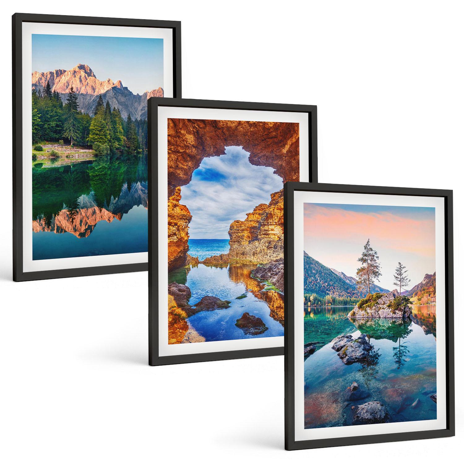 BILDER SET 3er Set - 40x60 cm Schwarzer Rahmen - Spiegelungen der Felsen in Bergseen - Schwarz, Kunststoff (40/60cm) - TULUP
