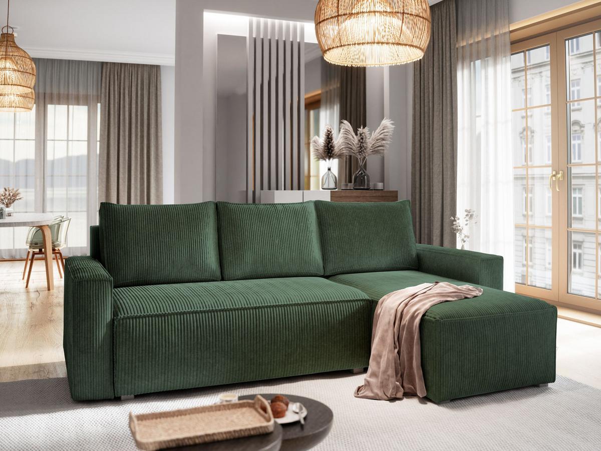 ECKSOFA POTARO Grün Kordstoff mit Schlaffunktion - Grau/Grün, Holz/Kunststoff (232/140cm) - MASSENO
