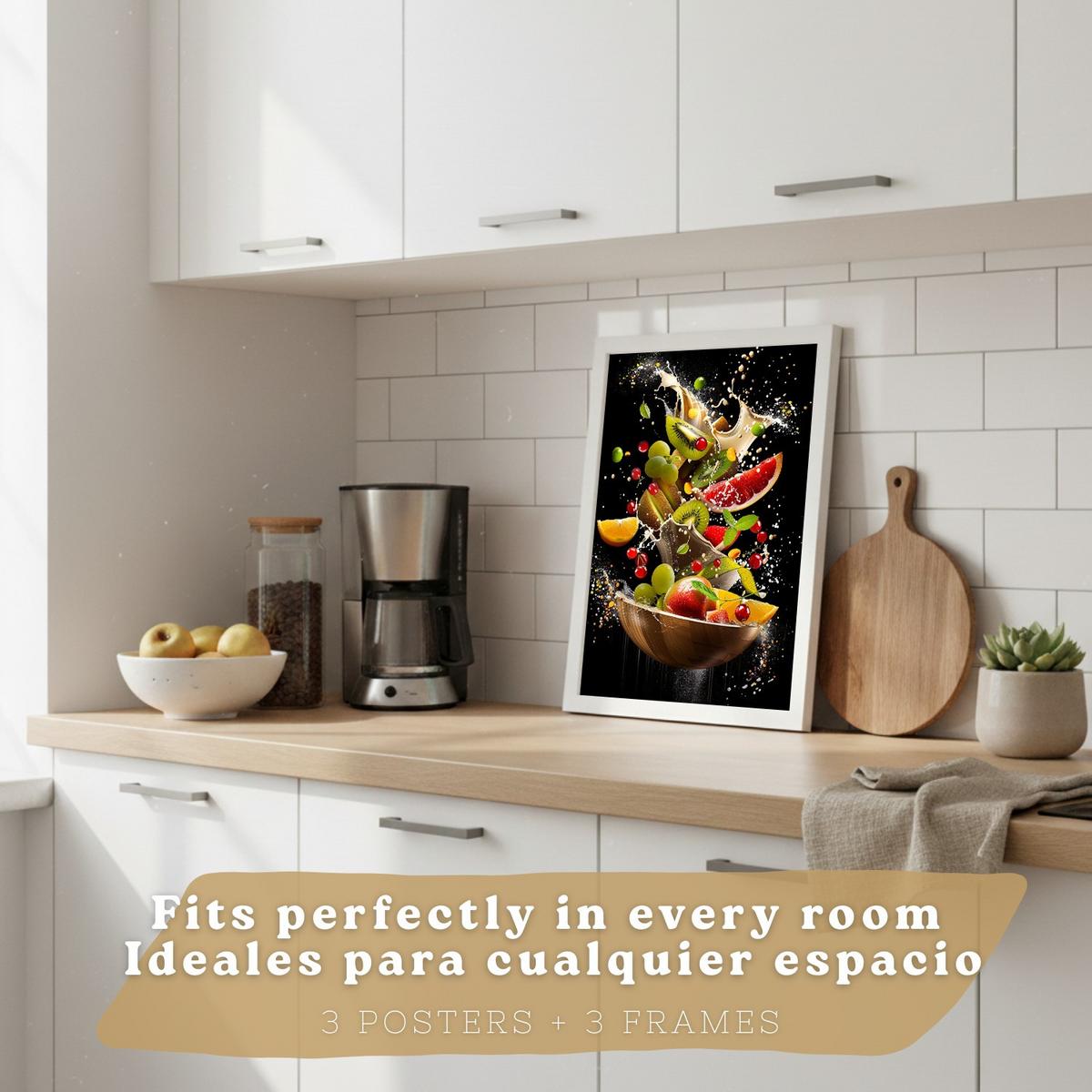 POSTER 3er Set Küchen-Wandbilder Dessert Salat und Obst Splash Fotografie Schwarzer Hintergrund Esszimmer Weißer Rahmen A3 - Weiß, Papier (29.7/1/42cm) - Nacnic