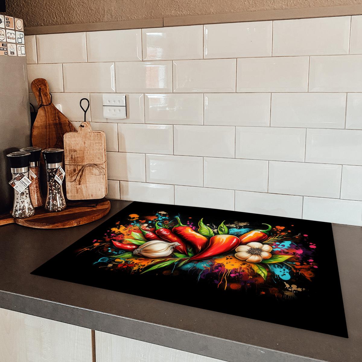 HERDABDECKPLATTE Gemüse - Paprika - Knoblauch - Graffiti - Farbe - Bunt Herdabdeckung Induktionsfeld 70x52 cm - Rot, Kunststoff (70/52/0.2cm) - MuchoWow