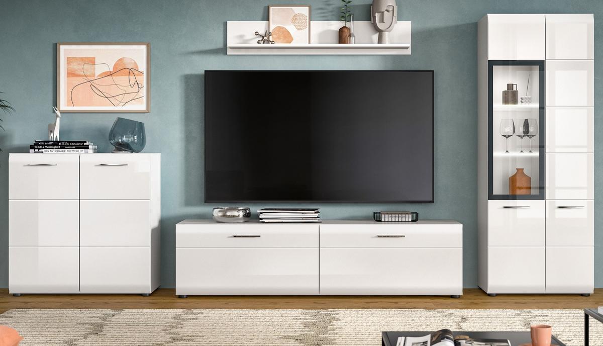 WOHNWAND weiß Hochglanz 4-teilig 330 cm, Schrankwand mit viel Stauraum - Weiß Hochglanz/Silberfarben, Glas/Holzwerkstoff (330/160/41cm) - Inn.Furn