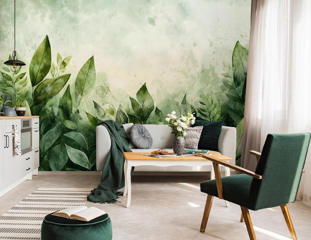 FOTOTAPETE Blätter Betonwand Wohnzimmer Vliestapete 250x175 - Grün, Papier (250/175cm) - Wallarena