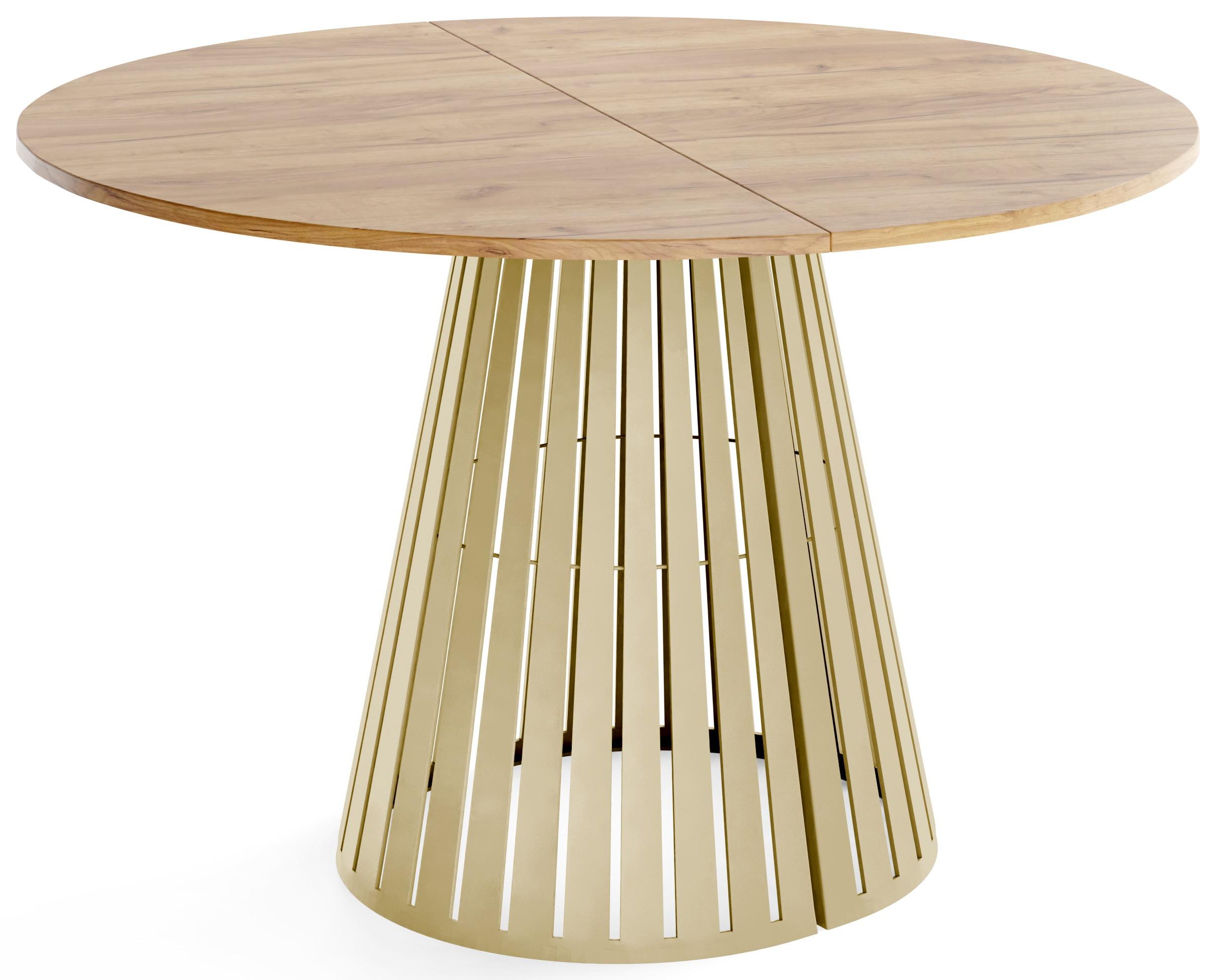 ESSTISCH Naro rund ausziehbar mit Goldenem Lamellen-Metallgestell, Braun 120-200/120/76 cm - Eiche Wotan/Goldfarben, Holzwerkstoff/Metall (120/196/76cm) - WFL GROUP