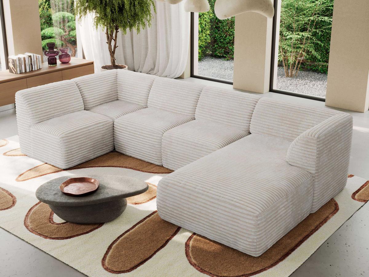WOHNLANDSCHAFT MODARO U 5M - Beige Cord - Rechts - Beige/Schwarz, Textil (345/78/180cm) - MKS