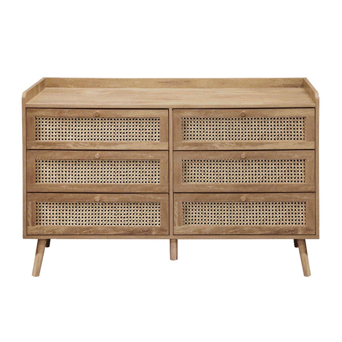 KOMMODE mit 6 schubladen mit fronten aus natürlichem rattan - PALMO 120/39/79 cm - Apfelbaumfarben, Holzwerkstoff (39/79/120cm) - Calicosy