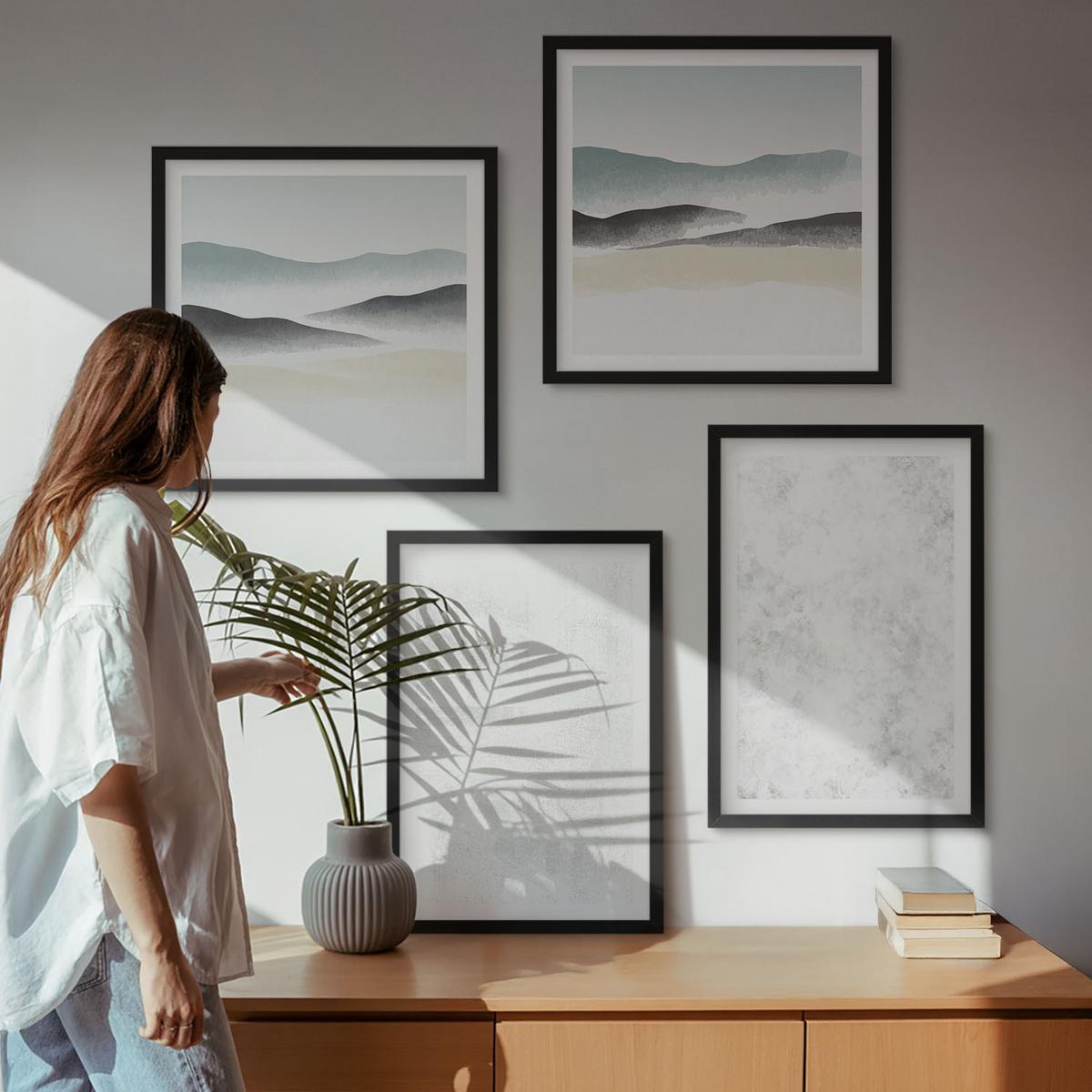 BILDER SET 4er Set - 50x50 cm & 40x60 cm Schwarzer Rahmen - Weiße Flecken auf Leinwandhintergrund - Schwarz, Kunststoff (50/50cm) - TULUP