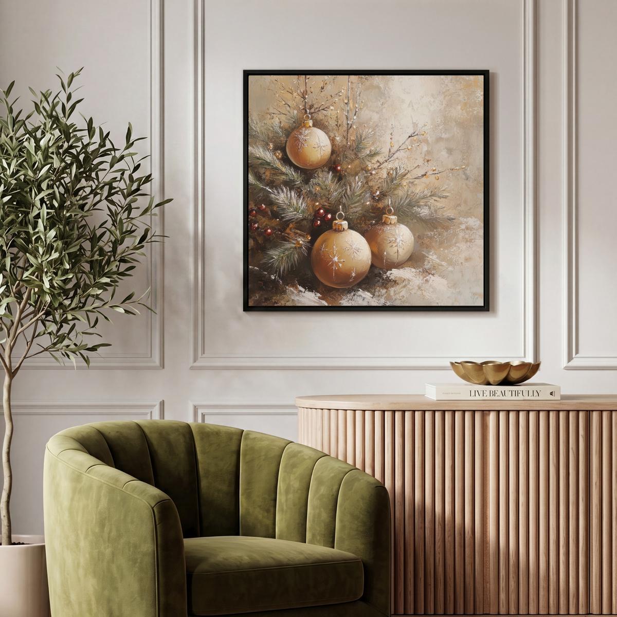 LEINWAND Bilder mit Rahmen - Weihnachten - Kugeln - Beige - Gold - 50x50 - Goldfarben, Textil (50/50cm) - MuchoWow
